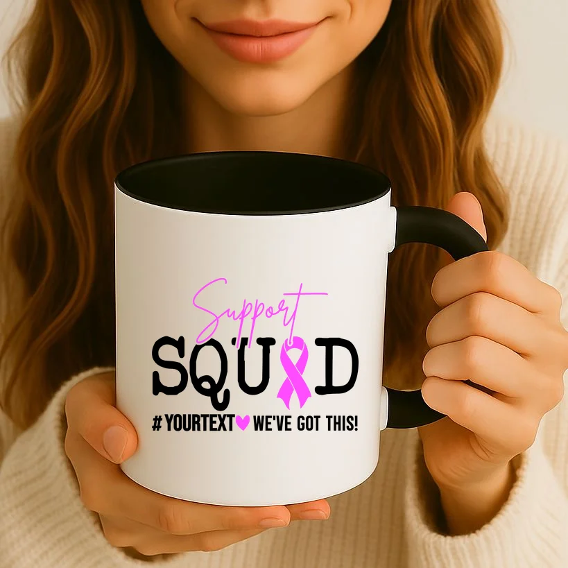 Support Squad Breast Cancer Awareness Pink Ribbon Personalized Custom Text Coffee Mug - Front 2