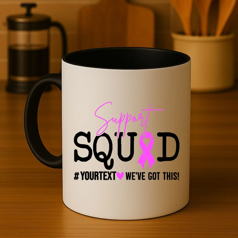 Support Squad Breast Cancer Awareness Pink Ribbon Personalized Custom Text Coffee Mug - Front 3