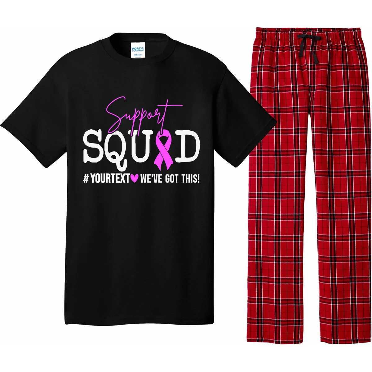 Support Squad Breast Cancer Awareness Pink Ribbon Personalized Custom Text Pajama Set - Front