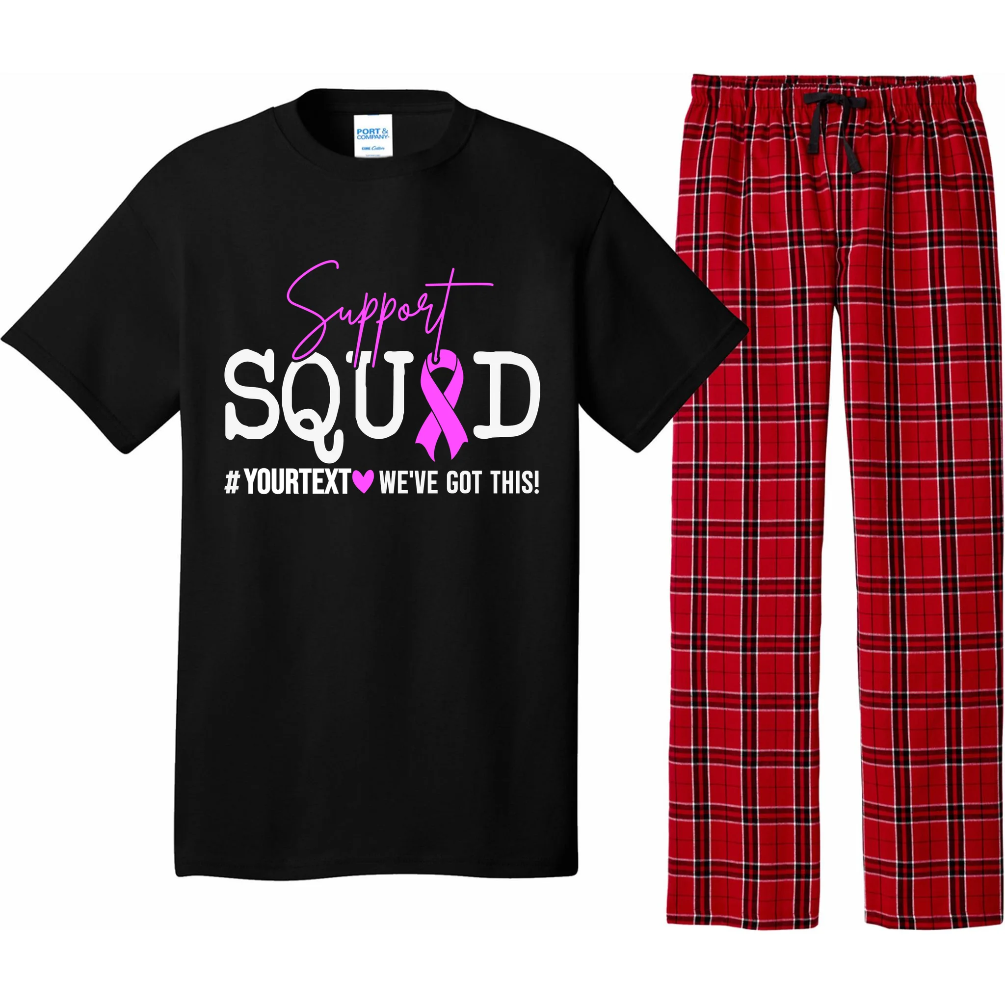 Support Squad Breast Cancer Awareness Pink Ribbon Personalized Custom Text Men's Pajamas - Front