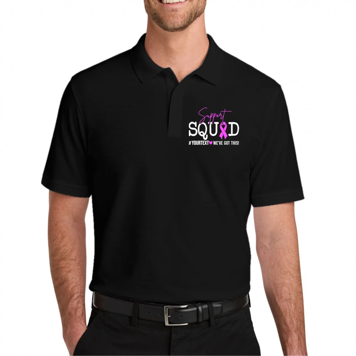 Support Squad Breast Cancer Awareness Pink Ribbon Personalized Custom Text Men's Polo - Front 1
