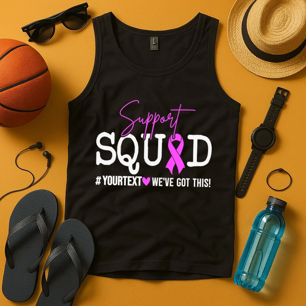 Support Squad Breast Cancer Awareness Pink Ribbon Personalized Custom Text Tank Top - Front 3