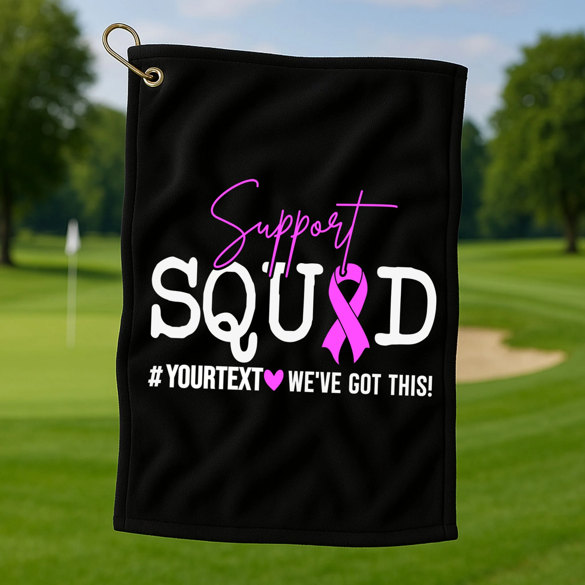 Support Squad Breast Cancer Awareness Pink Ribbon Personalized Custom Text Golf Towel - Front 1