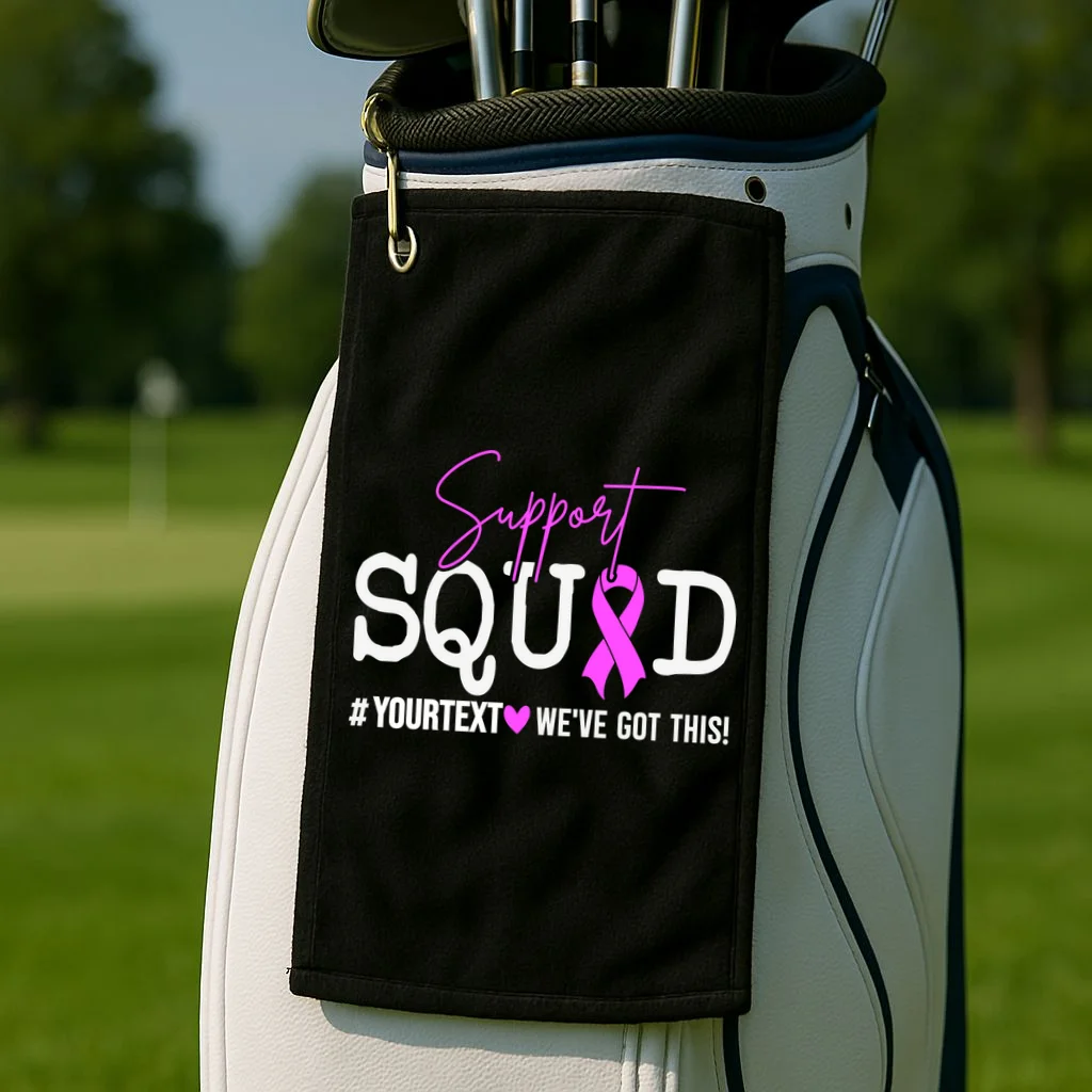 Support Squad Breast Cancer Awareness Pink Ribbon Personalized Custom Text Golf Towel - Front 2