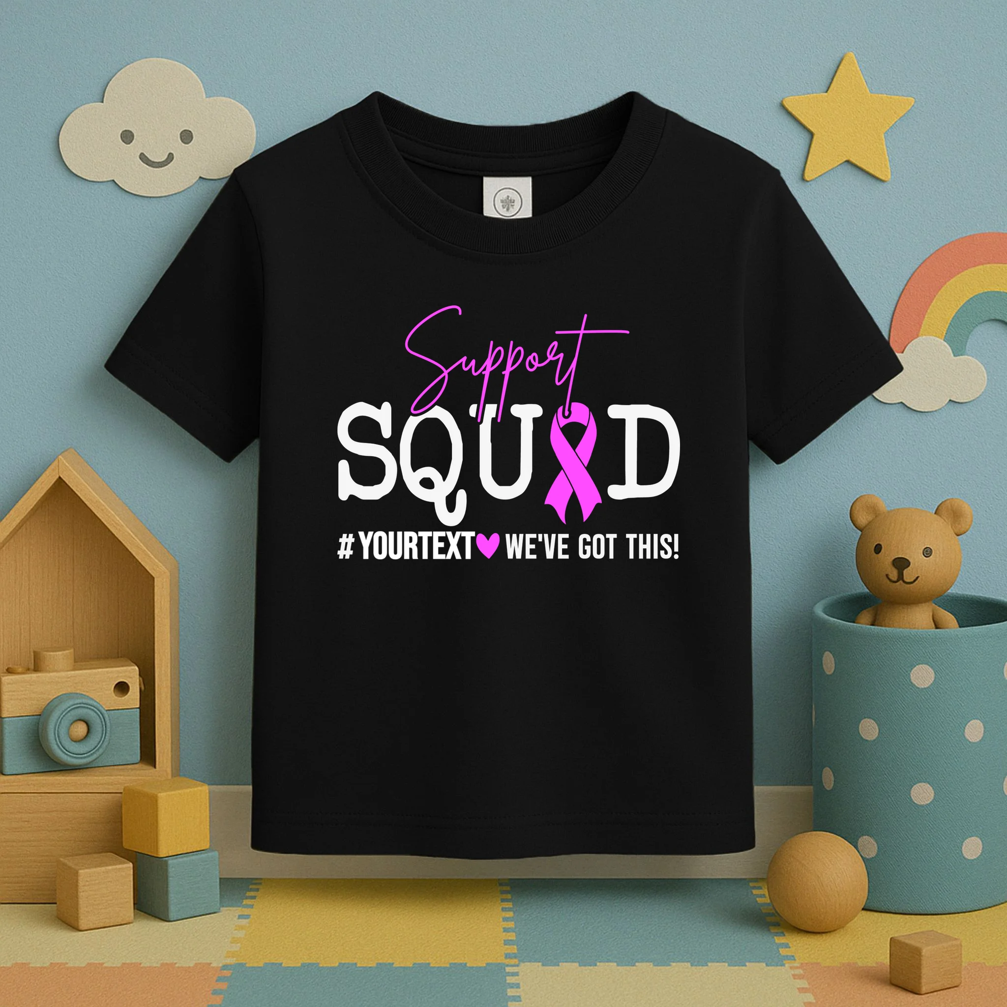 Support Squad Breast Cancer Awareness Pink Ribbon Personalized Custom Text Toddler T-Shirt - Front 2