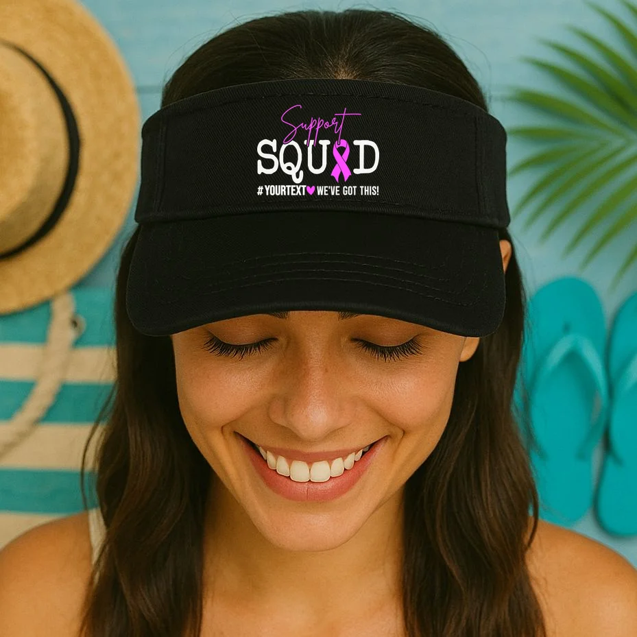 Support Squad Breast Cancer Awareness Pink Ribbon Personalized Custom Text Visor - Front 1