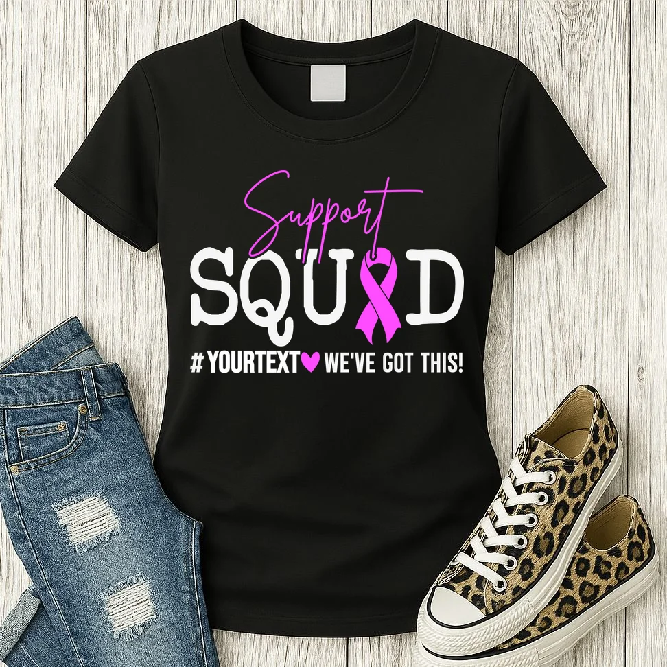 Support Squad Breast Cancer Awareness Pink Ribbon Personalized Custom Text Women's T-Shirt - Front 2