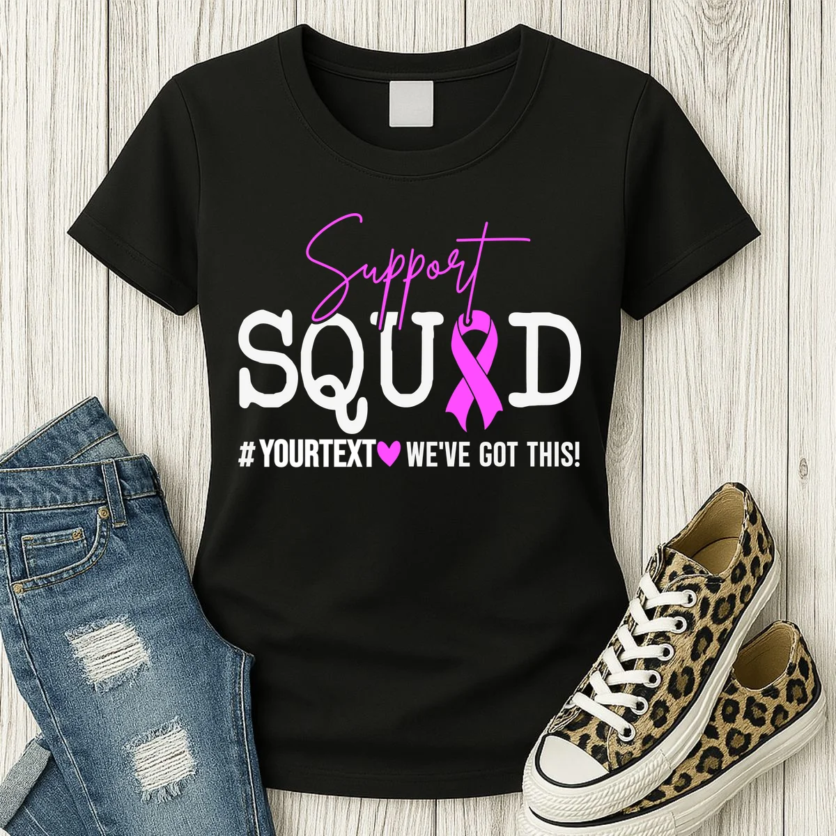 Support Squad Breast Cancer Awareness Pink Ribbon Personalized Custom Text Women's T-Shirt - Front 2