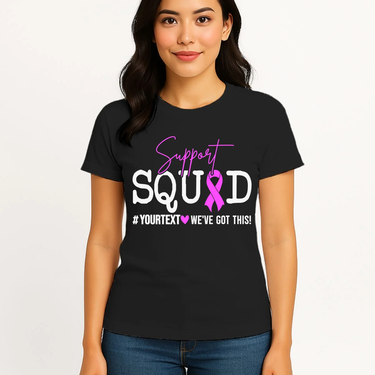 Support Squad Breast Cancer Awareness Pink Ribbon Personalized Custom Text Women's T-Shirt - Front 3