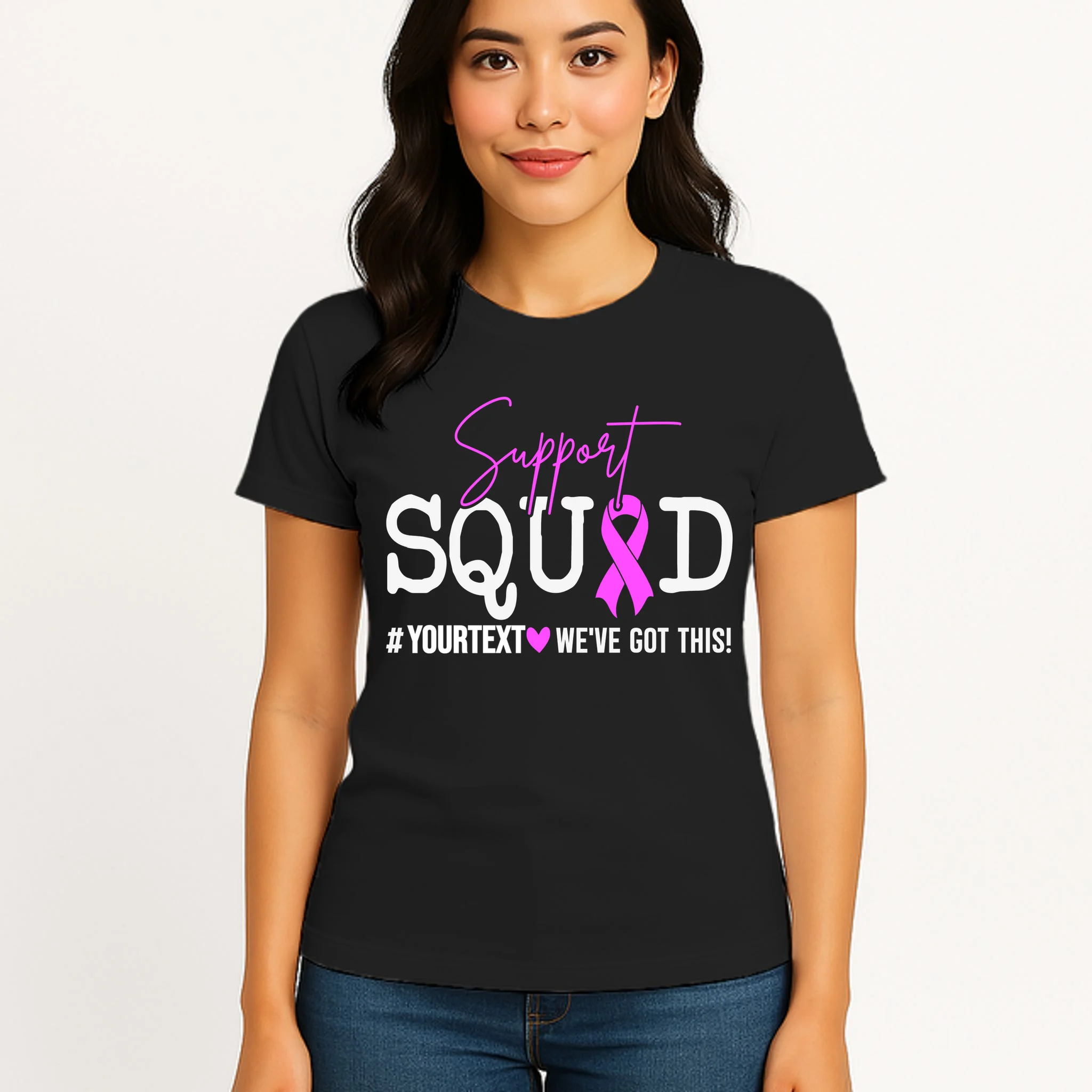 Support Squad Breast Cancer Awareness Pink Ribbon Personalized Custom Text Women's T-Shirt - Front 3