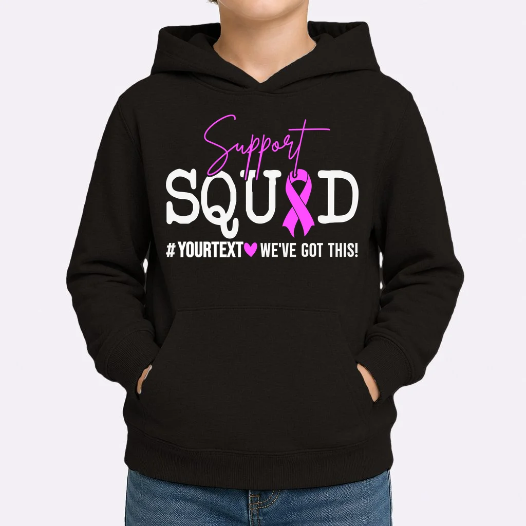 Support Squad Breast Cancer Awareness Pink Ribbon Personalized Custom Text Kids Hoodie - Front 1