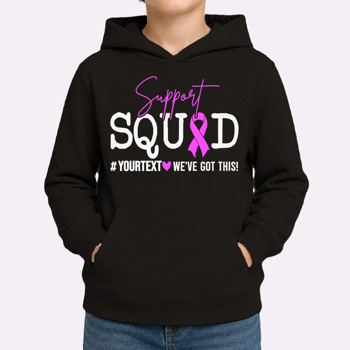 Support Squad Breast Cancer Awareness Pink Ribbon Personalized Custom Text Kids Hoodie - Front 1