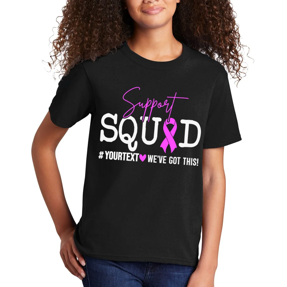 Support Squad Breast Cancer Awareness Pink Ribbon Personalized Custom Text Kids T-Shirt - Front 1