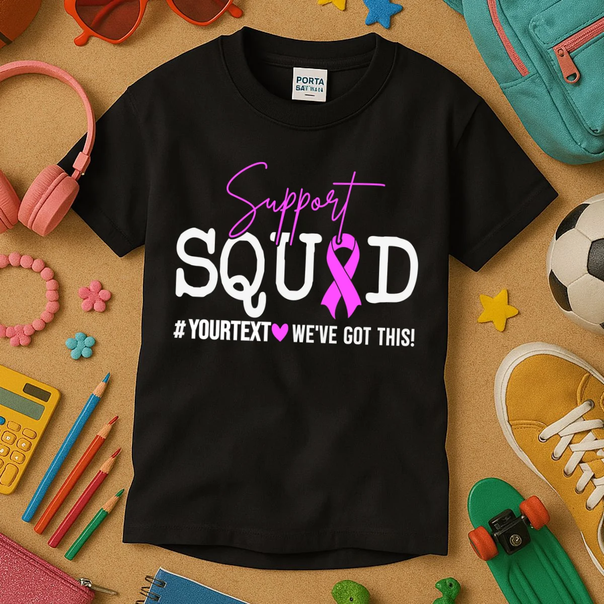 Support Squad Breast Cancer Awareness Pink Ribbon Personalized Custom Text Kids T-Shirt - Front 2