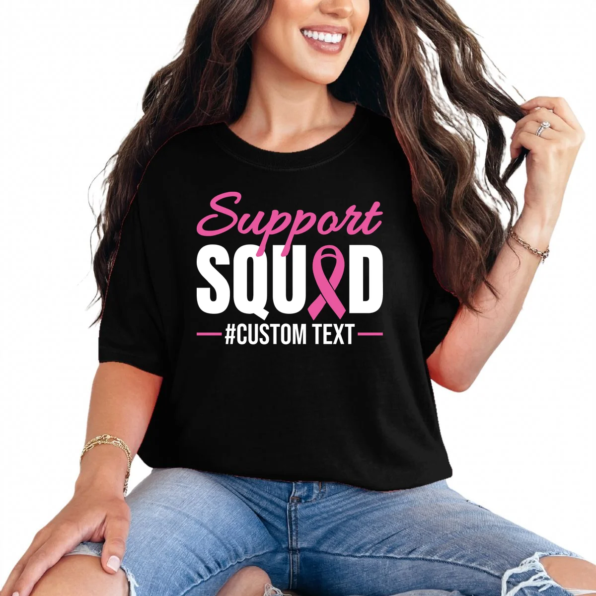Support Squad Breast Cancer Awareness Personalized Text T-Shirt - Front