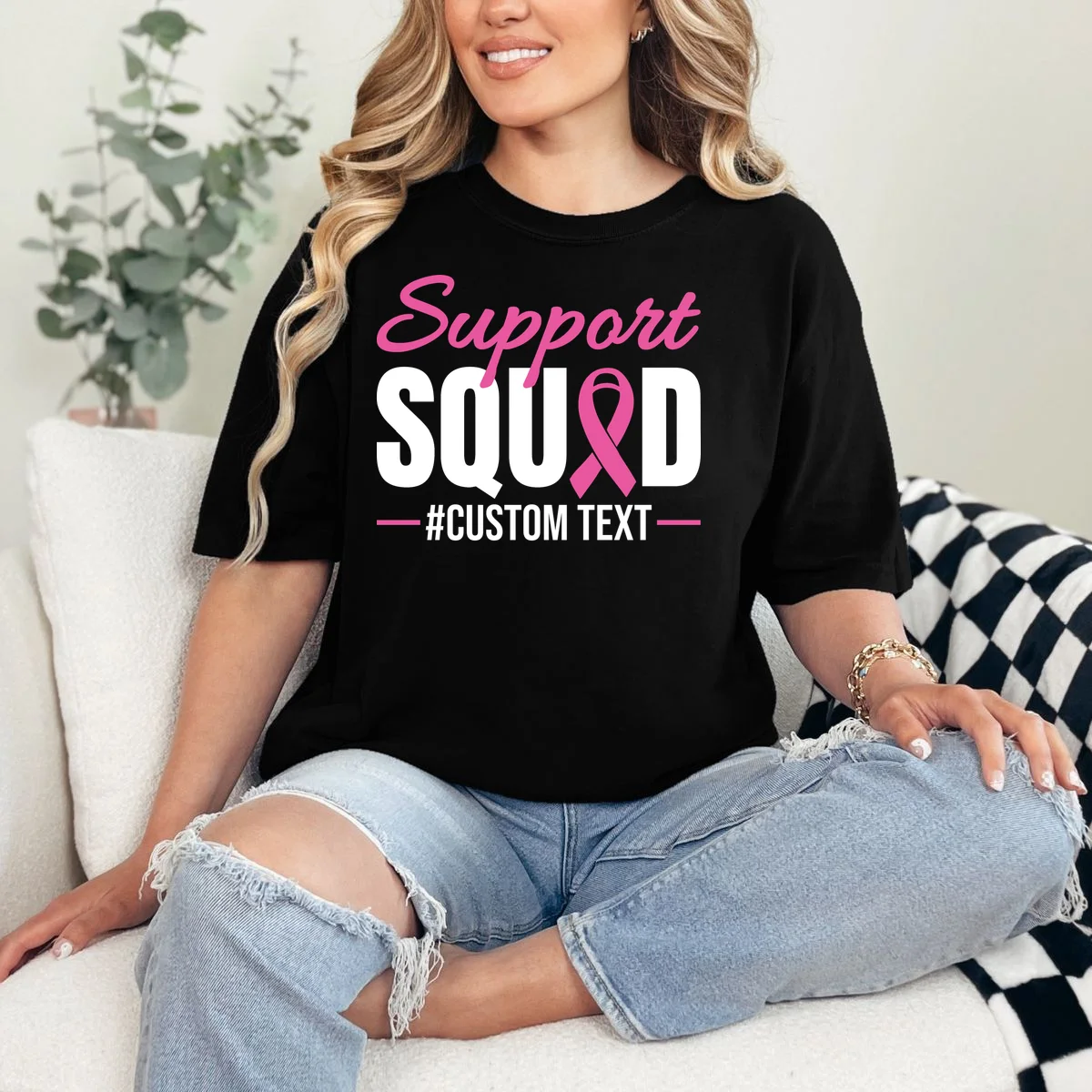 Support Squad Breast Cancer Awareness Personalized Text T-Shirt - Front 1