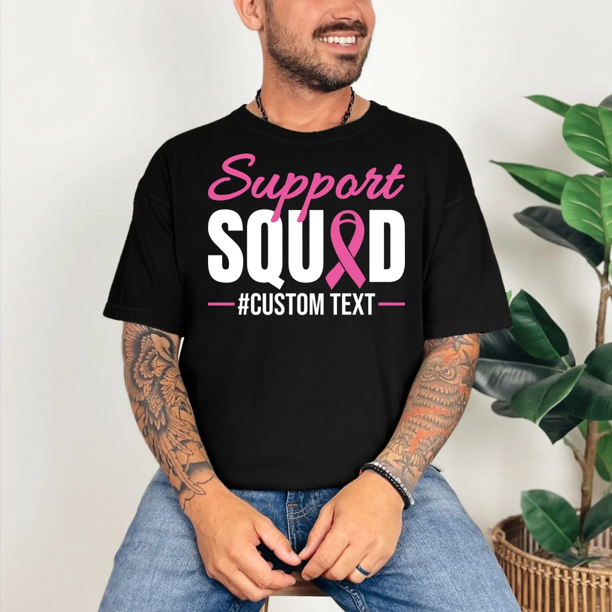 Support Squad Breast Cancer Awareness Personalized Text T-Shirt - Front 2