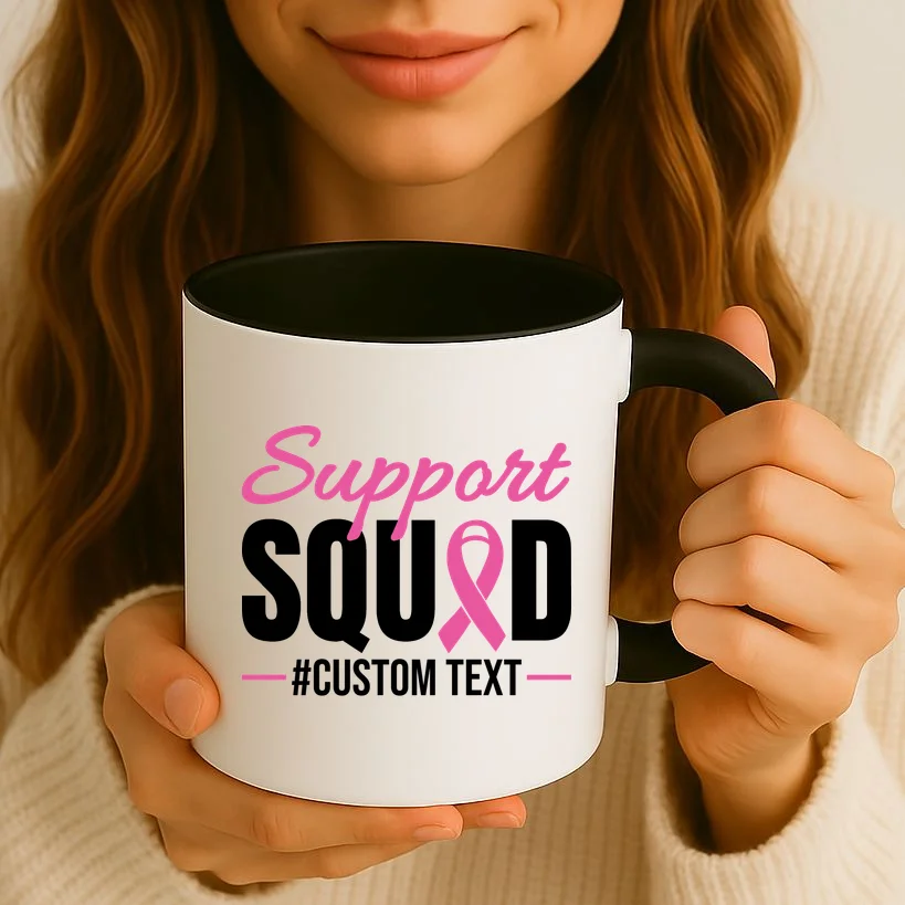Support Squad Breast Cancer Awareness Personalized Text Coffee Mug - Front 2