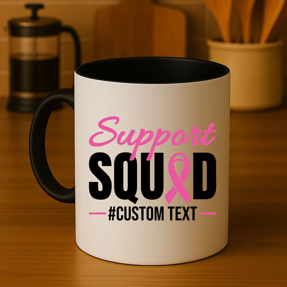 Support Squad Breast Cancer Awareness Personalized Text Coffee Mug - Front 3