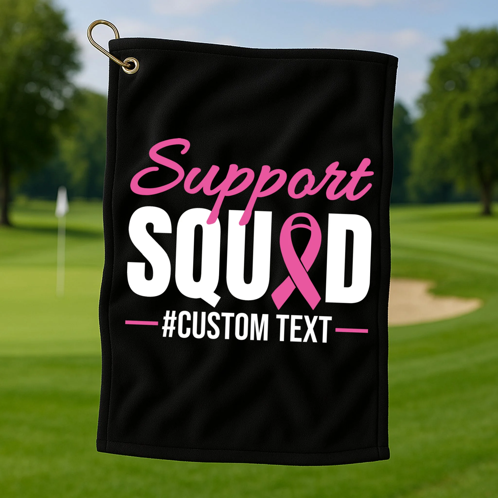 Support Squad Breast Cancer Awareness Personalized Text Golf Towel - Front 1