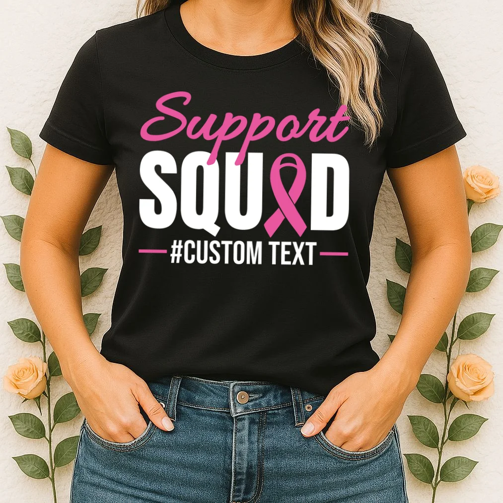 Support Squad Breast Cancer Awareness Personalized Text Women's T-Shirt - Front 1