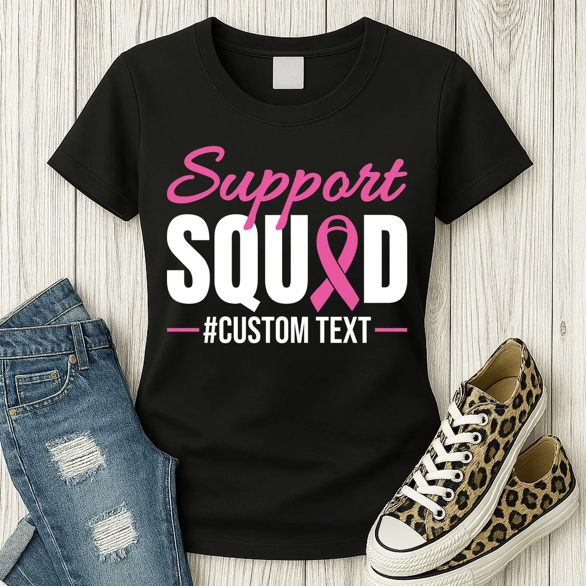 Support Squad Breast Cancer Awareness Personalized Text Women's T-Shirt - Front 2