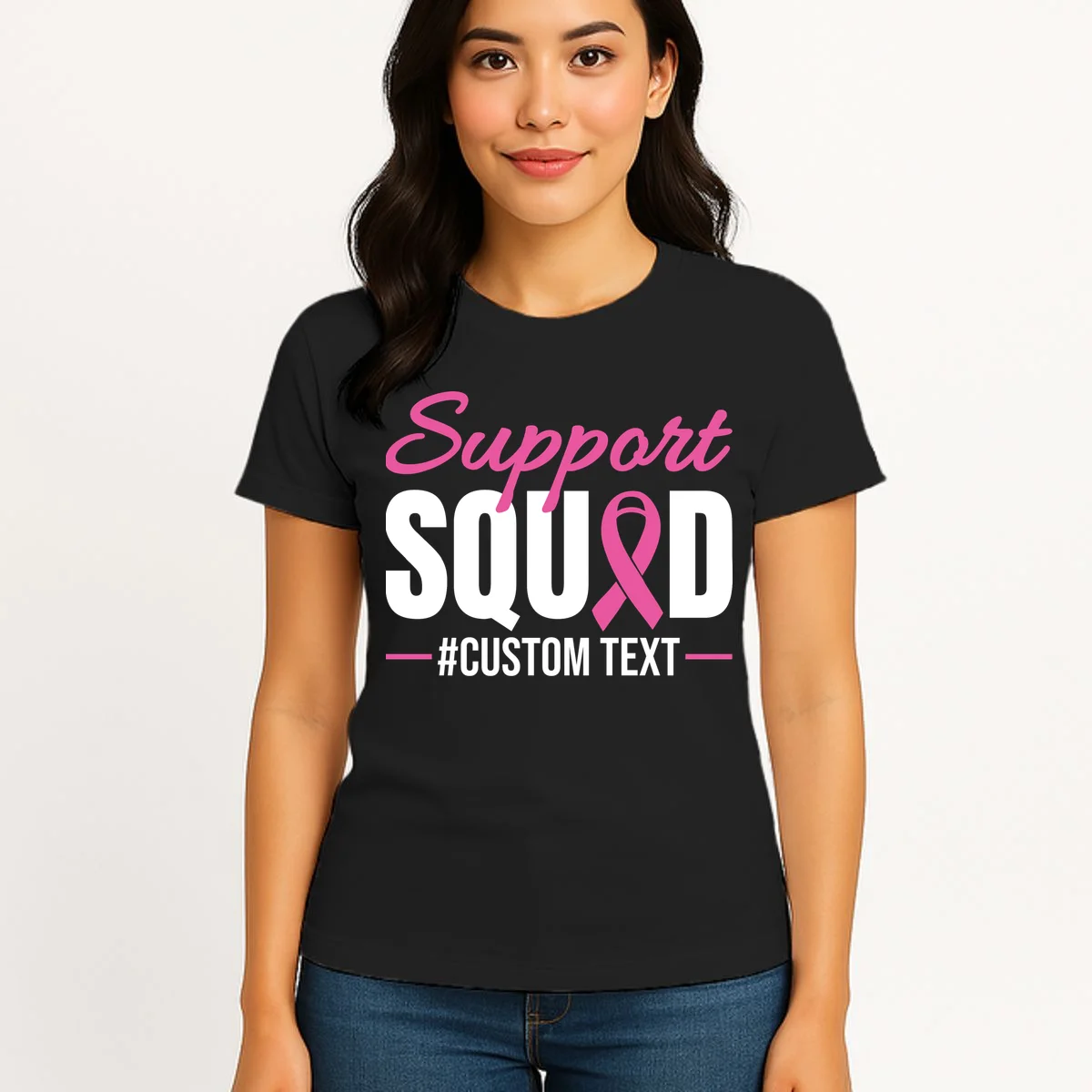 Support Squad Breast Cancer Awareness Personalized Text Women's T-Shirt - Front 3