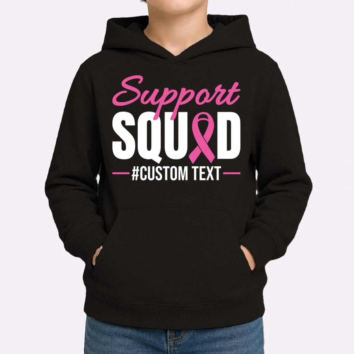Support Squad Breast Cancer Awareness Personalized Text Kids Hoodie - Front 1