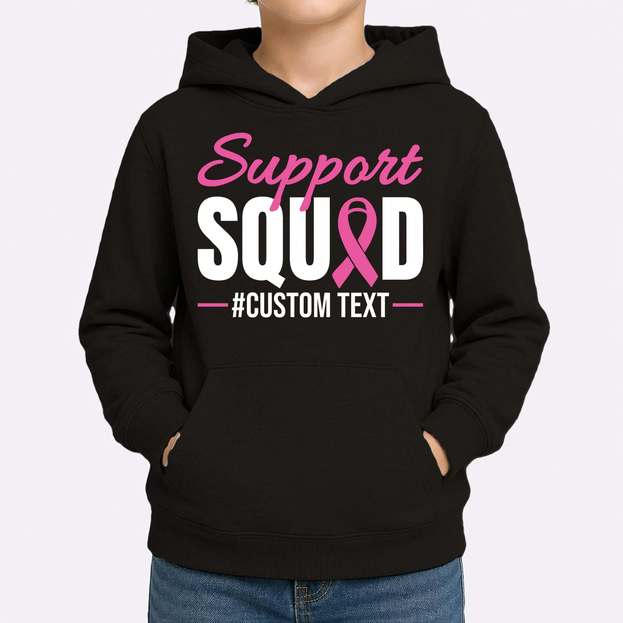 Support Squad Breast Cancer Awareness Personalized Text Kids Hoodie - Front 1