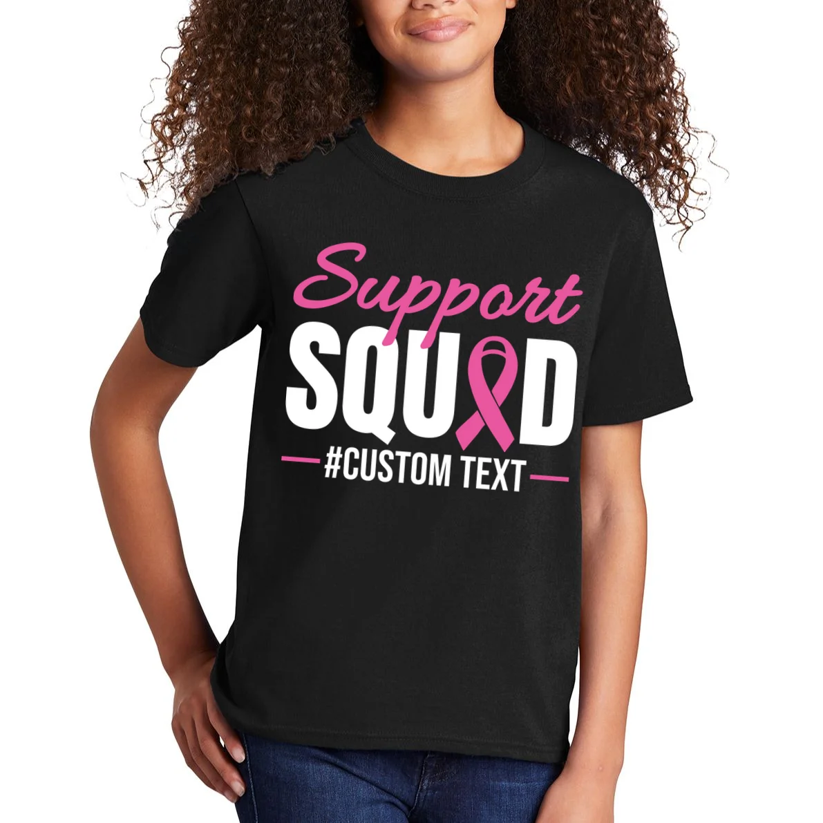 Support Squad Breast Cancer Awareness Personalized Text Kids T-Shirt - Front 1