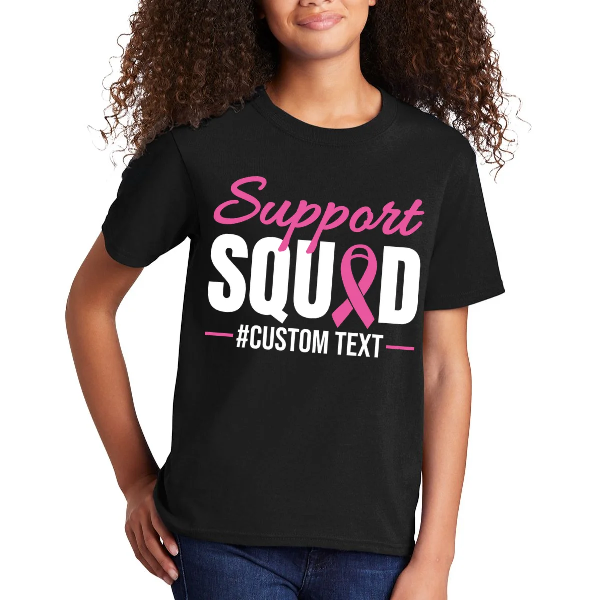Support Squad Breast Cancer Awareness Personalized Text Kids T-Shirt - Front 1