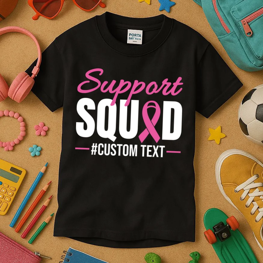 Support Squad Breast Cancer Awareness Personalized Text Kids T-Shirt - Front 2
