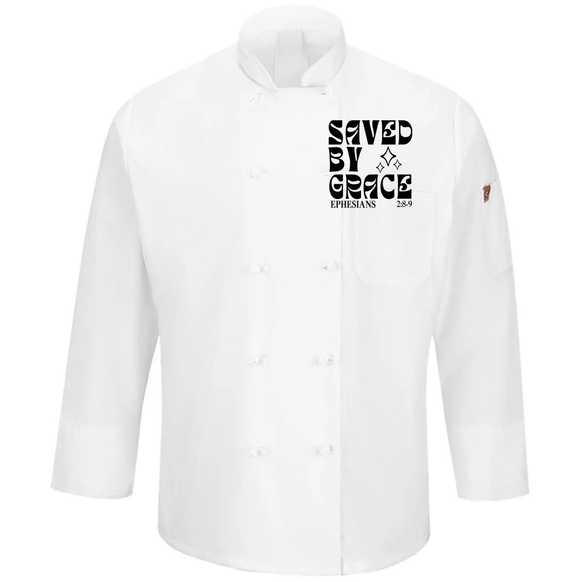 Saved By Grace Cute Custom Verses Bible Book Chapter Verses Men's Chef Coat - Front