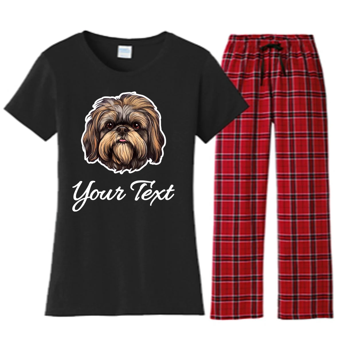 Shih Tzu Dog Custom Personalized Name Text Women's Flannel Pajama Set - Front