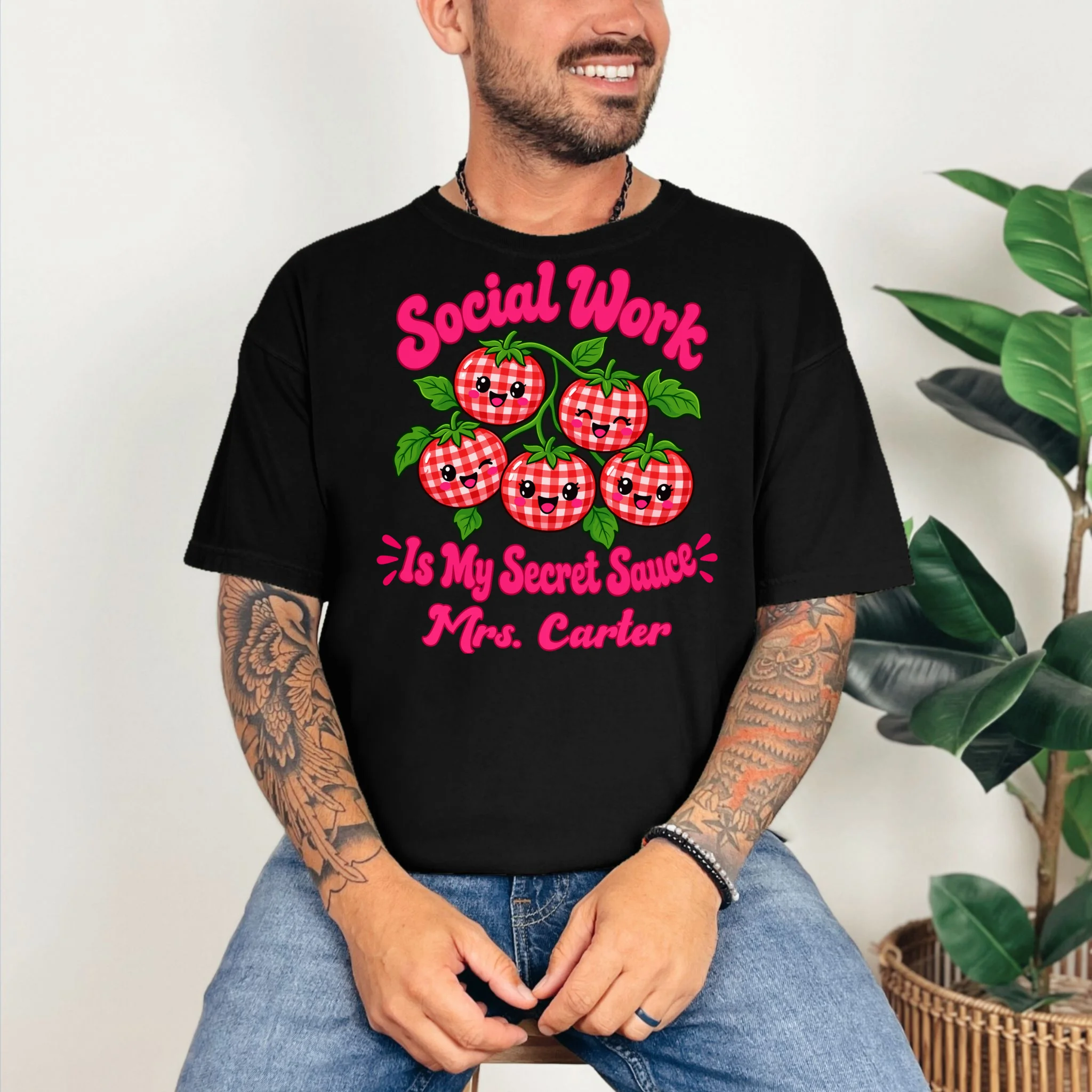 Social Worker Strawberry Design – Secret Sauce Custom Name Graphic Comfort Colors Unisex T-Shirt - Front 2