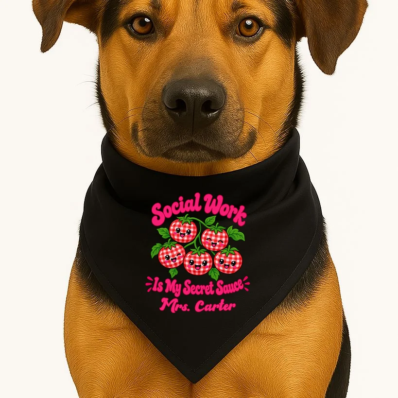 Social Worker Strawberry Design – Secret Sauce Custom Name Graphic Dog Bandana - Front 1