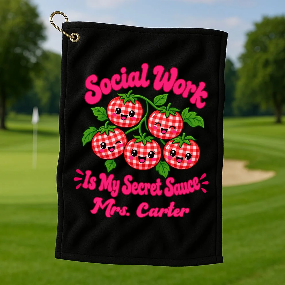 Social Worker Strawberry Design – Secret Sauce Custom Name Graphic Golf Towel - Front 1