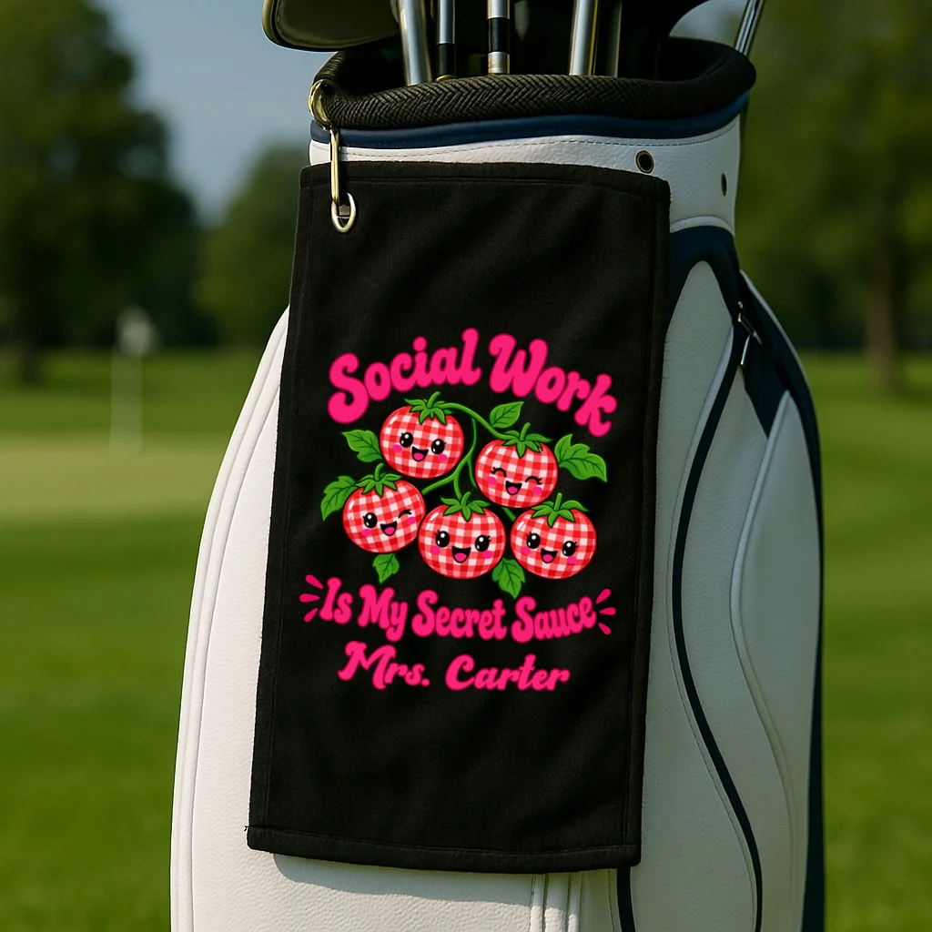 Social Worker Strawberry Design – Secret Sauce Custom Name Graphic Golf Towel - Front 2