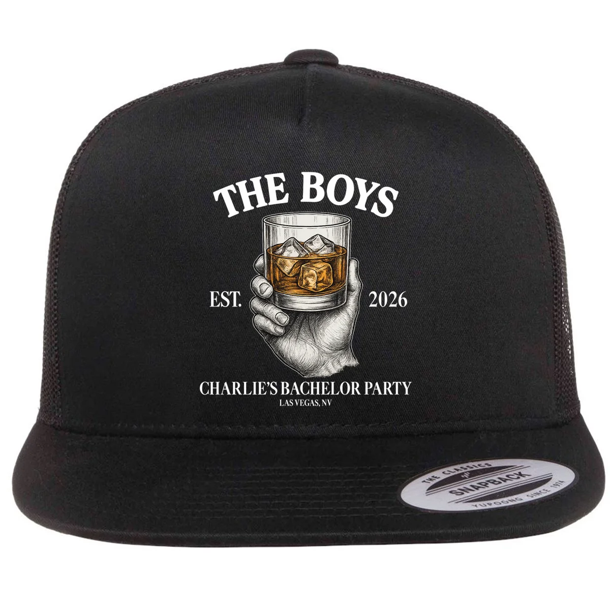 The Boys Custom Bachelor Party Flat Bill Trucker Hat - Front