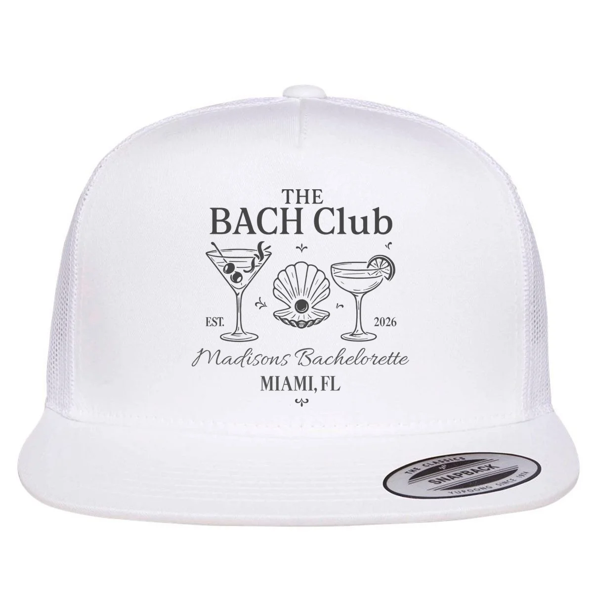 THE BACH Club Custom Bachelorette Flat Bill Trucker Hat - Front