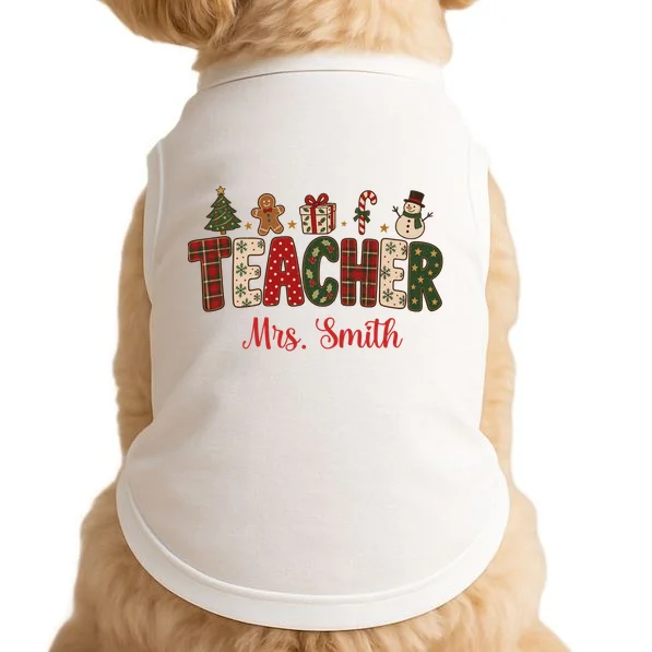 Teacher Christmas Personalized Last Name Gift -  Vintage Christmas Teacher Design Doggie Tank Front