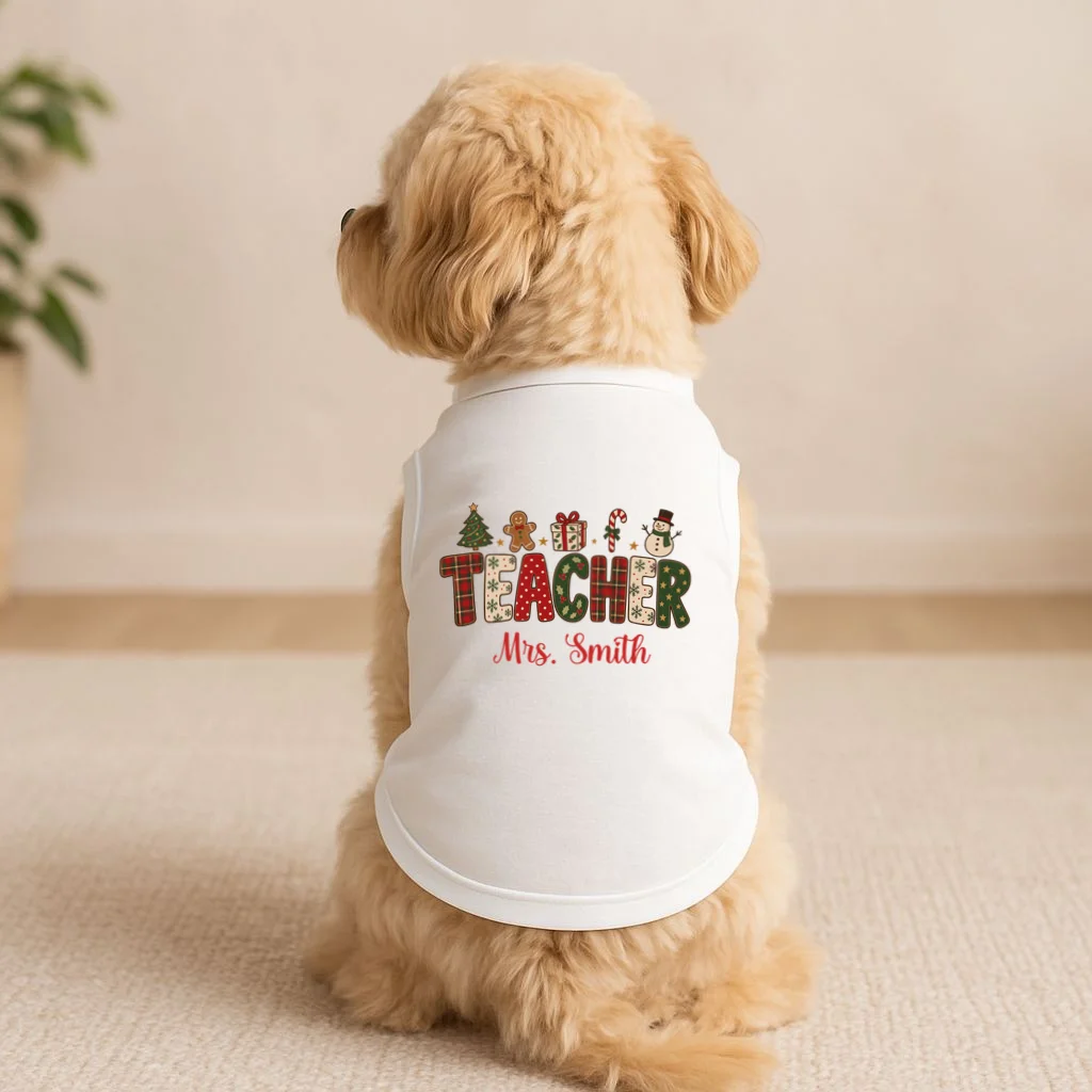 Teacher Christmas Personalized Last Name Gift -  Vintage Christmas Teacher Design Doggie Tank - Front 1