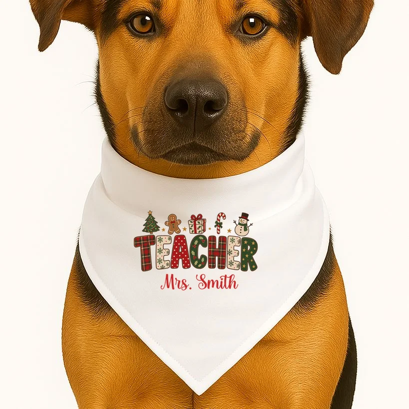Teacher Christmas Personalized Last Name Gift -  Vintage Christmas Teacher Design Dog Bandana - Front 1