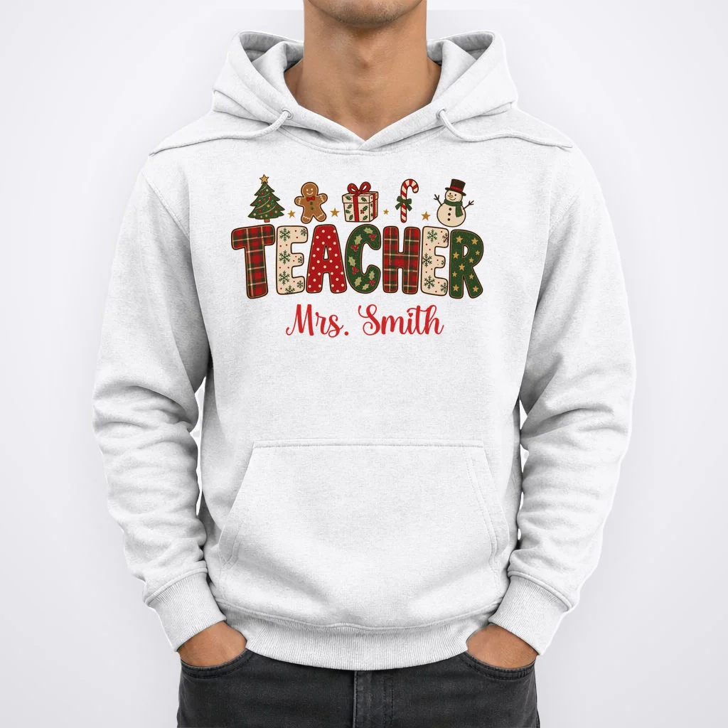 Teacher Christmas Personalized Last Name Gift -  Vintage Christmas Teacher Design Men's Hoodie - Front 1