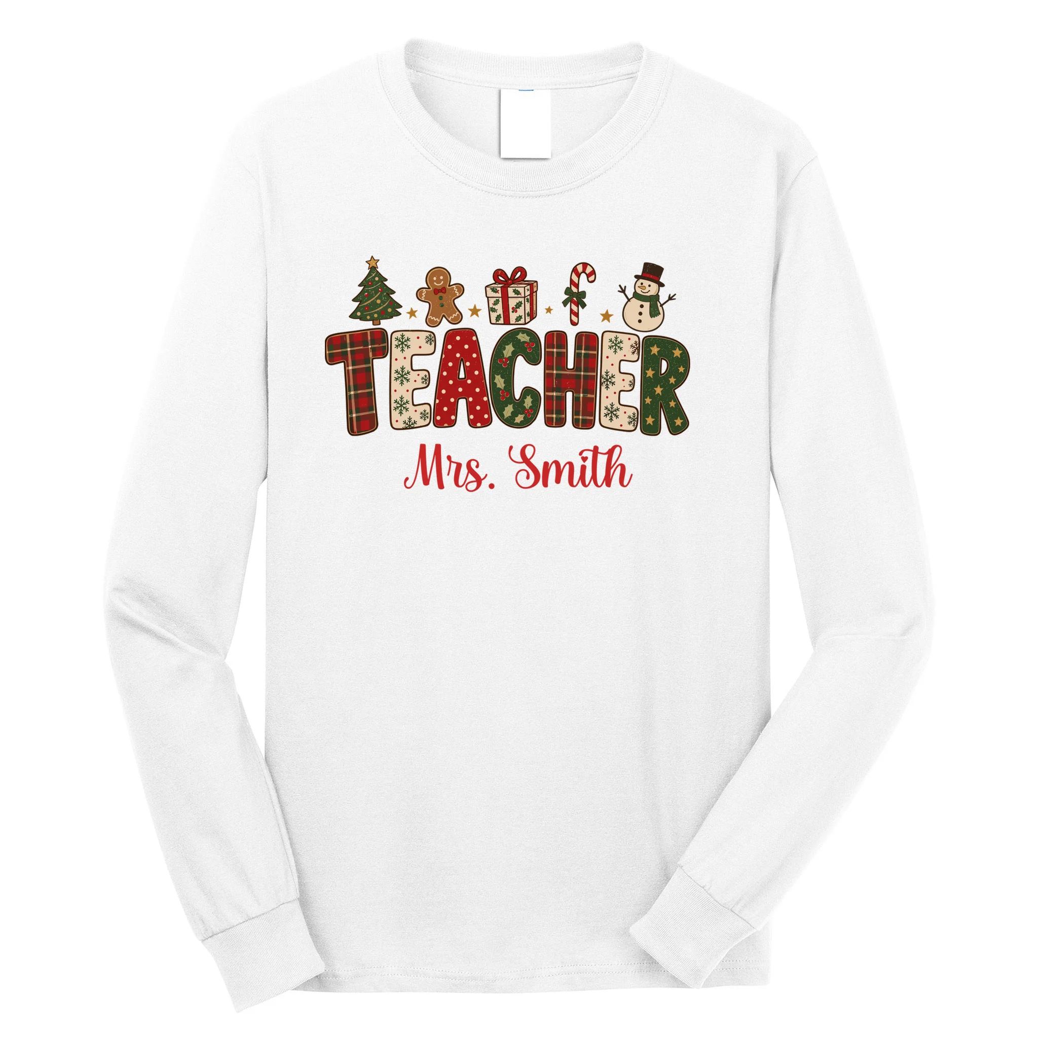 Teacher Christmas Personalized Last Name Gift -  Vintage Christmas Teacher Design Men's Long Sleeve Shirt Front