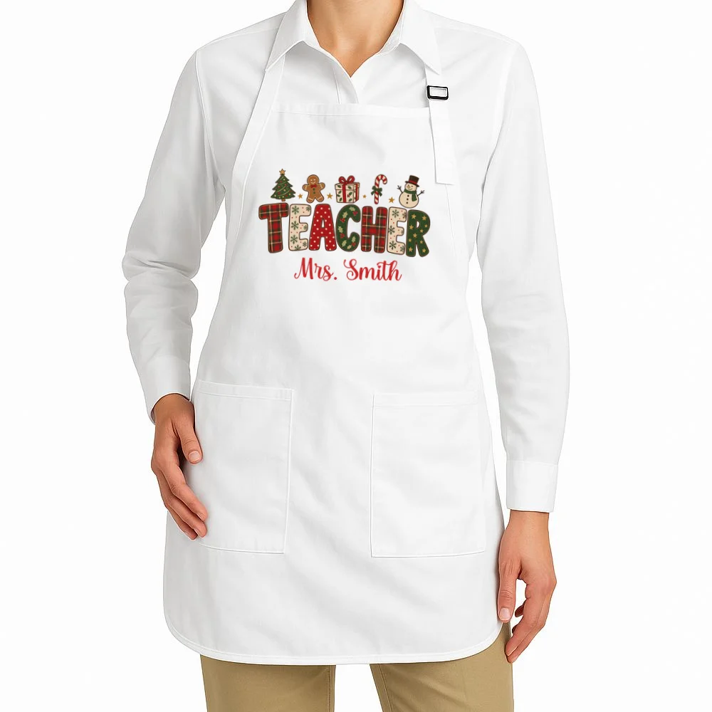 Teacher Christmas Personalized Last Name Gift -  Vintage Christmas Teacher Design Apron - Front 1