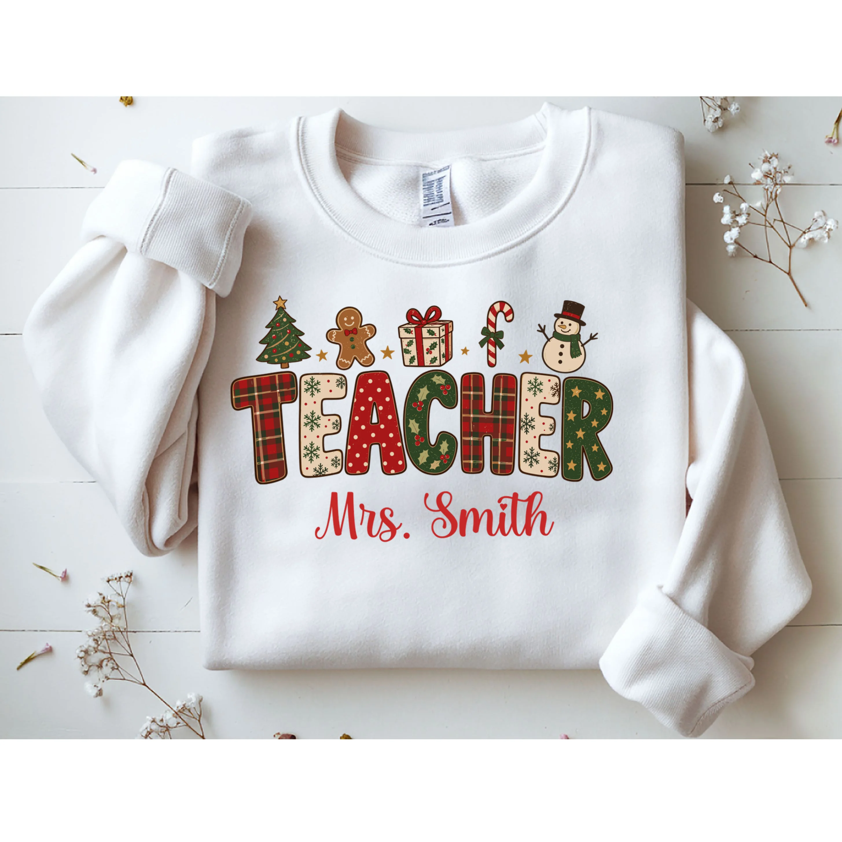Teacher Christmas Personalized Last Name Gift -  Vintage Christmas Teacher Design Men's Sweatshirt - Front 1