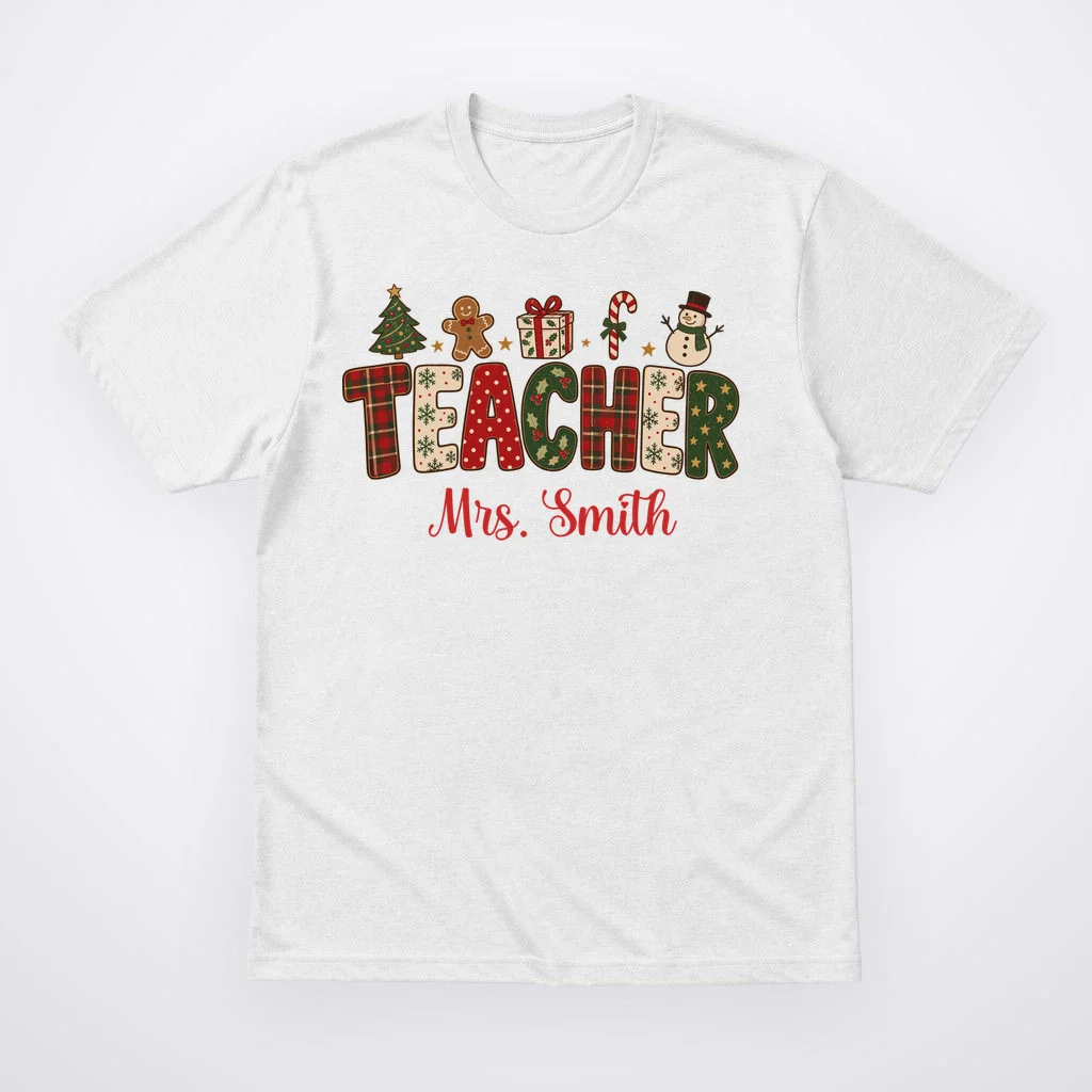 Teacher Christmas Personalized Last Name Gift -  Vintage Christmas Teacher Design Men's T-Shirt Front