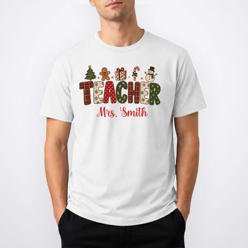 Teacher Christmas Personalized Last Name Gift -  Vintage Christmas Teacher Design Men's T-Shirt - Front 1