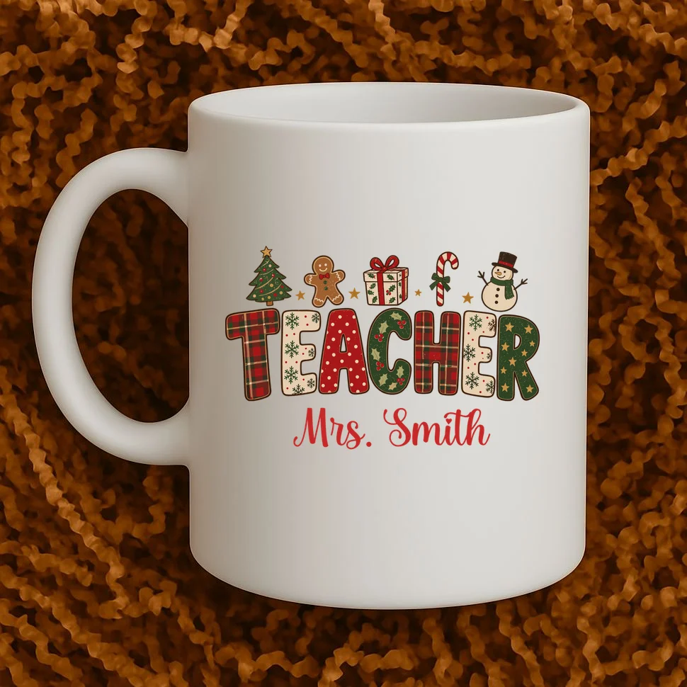 Teacher Christmas Personalized Last Name Gift -  Vintage Christmas Teacher Design Mug - Front 1